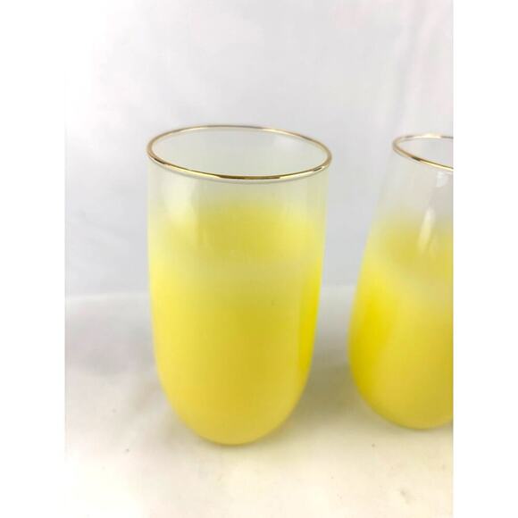 Mid Century Vintage Blendo Yellow Frosted Glass Cocktail Set of 4 Gold Rim 1950s - Picture 8 of 16